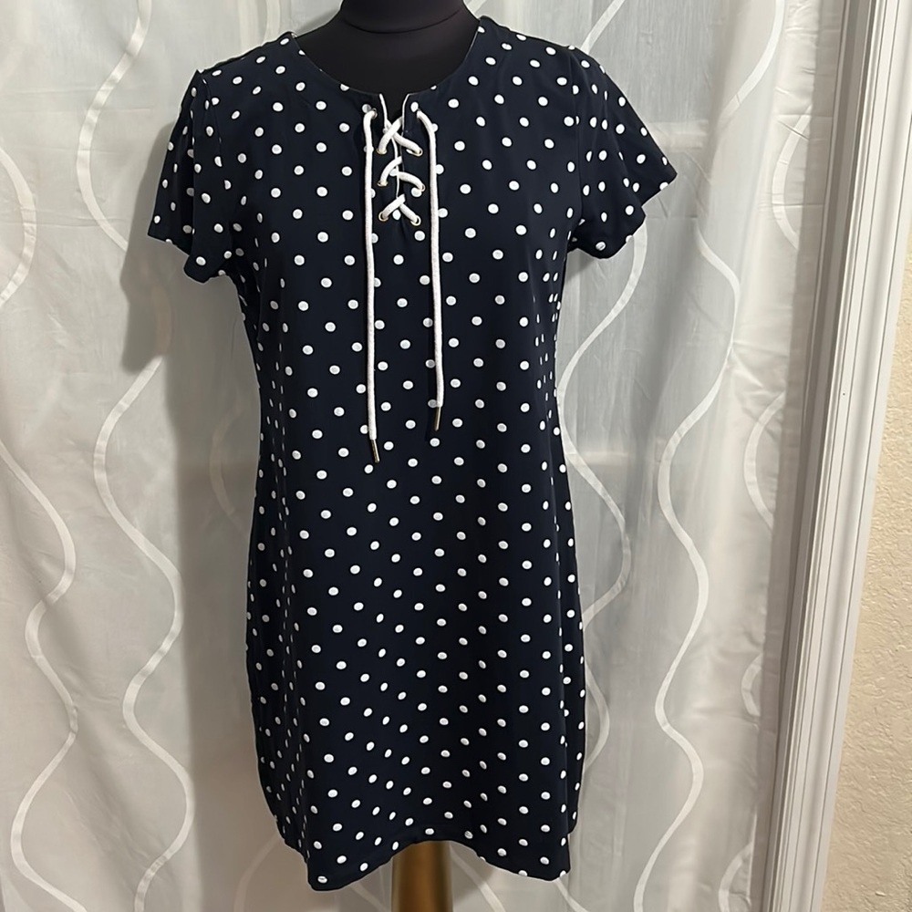 Tommy Hilfiger, Short Sleeve, Round Neck, Navy & White Polka Dot Dress, Sz Large